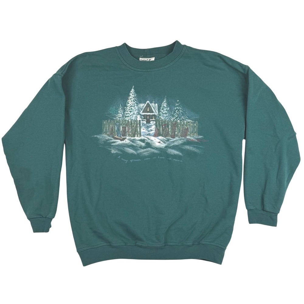 NORTHERN REFLECTIONS Vintage Women's L/XL Green Snow Snowman Winter Sled Cottage